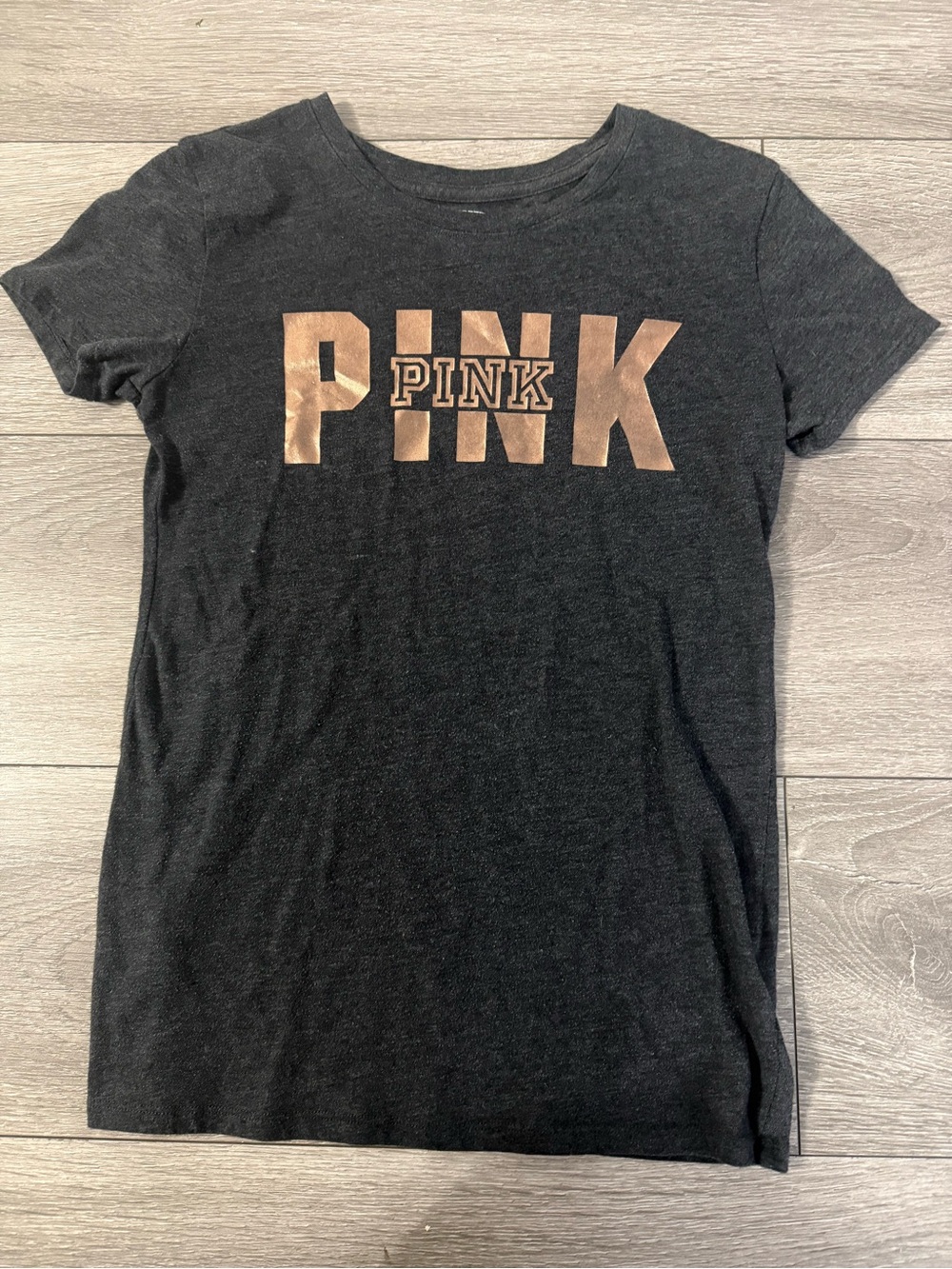 PINK Victoria's Secret Black Tee with Metallic Rose-Gold Logo